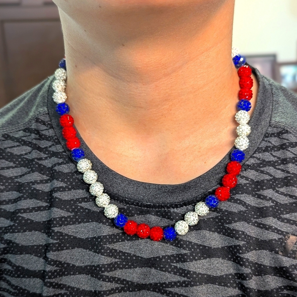 Red, Blue, and Silver Beaded Necklace Baseball, Softball 🥎⚾
